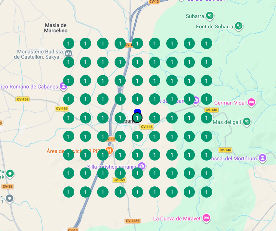 Cuadrícula de posiciones en Google Maps mostrando el primer puesto en toda la zona